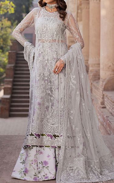 Zarif Grey Net Suit | Pakistani Embroidered Chiffon Dresses USA- Image 1