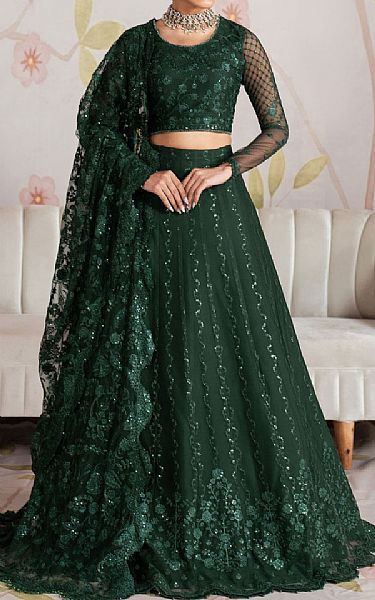 Zarif Bottle Green Net Suit | Pakistani Embroidered Chiffon Dresses USA- Image 1