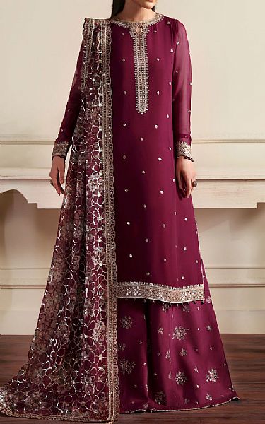 Zarif Crimson Chiffon Suit | Pakistani Embroidered Chiffon Dresses USA- Image 1