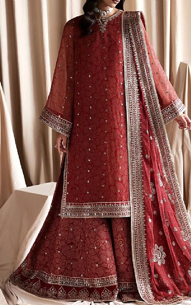 Zarif Auburn Red Chiffon Suit | Pakistani Embroidered Chiffon Dresses USA- Image 1