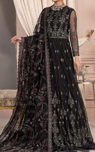 Zarif Black Net Suit | Pakistani Embroidered Chiffon Dresses- Image 1