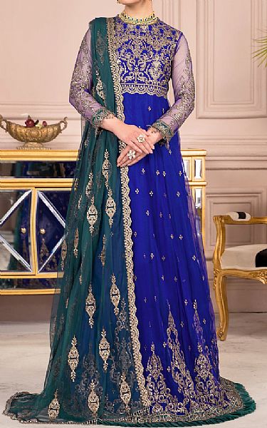 Zarif Royal Blue Net Suit | Pakistani Embroidered Chiffon Dresses- Image 1