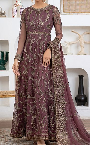 Zarif Brownish Purple Net Suit | Pakistani Embroidered Chiffon Dresses- Image 1