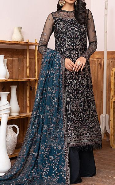 Zarif Navy Net Suit | Pakistani Embroidered Chiffon Dresses- Image 1