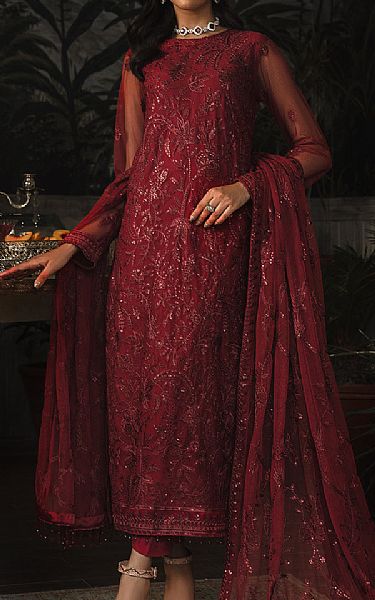 Zarif Maroon Net Suit | Pakistani Embroidered Chiffon Dresses- Image 1