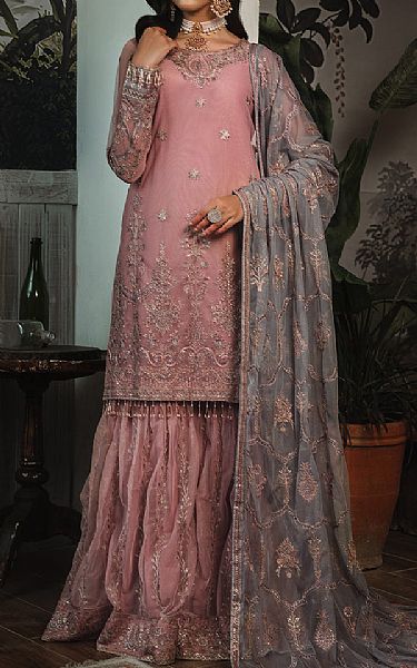 Zarif Tea Rose Net Suit | Pakistani Embroidered Chiffon Dresses- Image 1