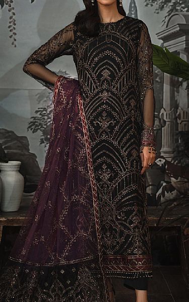 Zarif Black Net Suit | Pakistani Embroidered Chiffon Dresses- Image 1