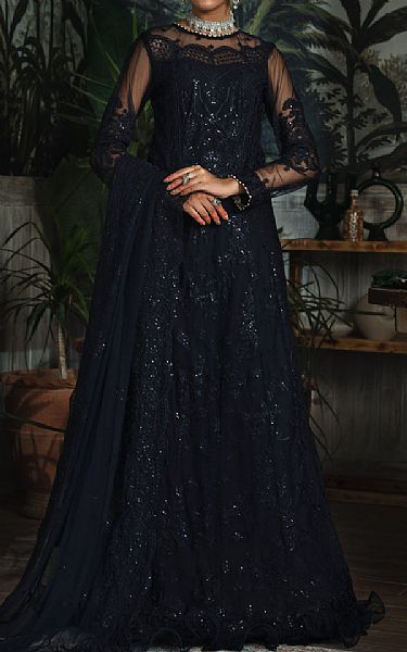 Zarif Midnight Blue Net Suit | Pakistani Embroidered Chiffon Dresses- Image 1
