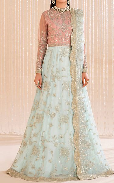 Zarif Tea Pink/Turquoise Net Suit | Pakistani Embroidered Chiffon Dresses USA- Image 1