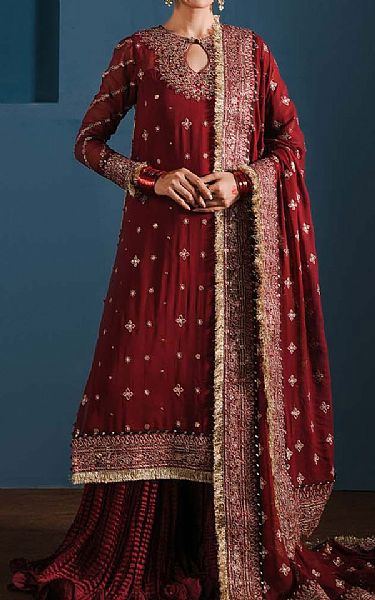 Zarqash Maroon Chiffon Suit | Pakistani Embroidered Chiffon Dresses USA- Image 1