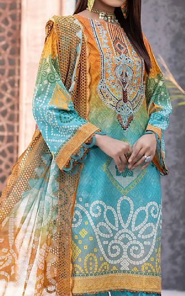 Zebaish Mustard/Light Turquoise Lawn Suit (2 Pcs) | Pakistani Dresses in USA- Image 1
