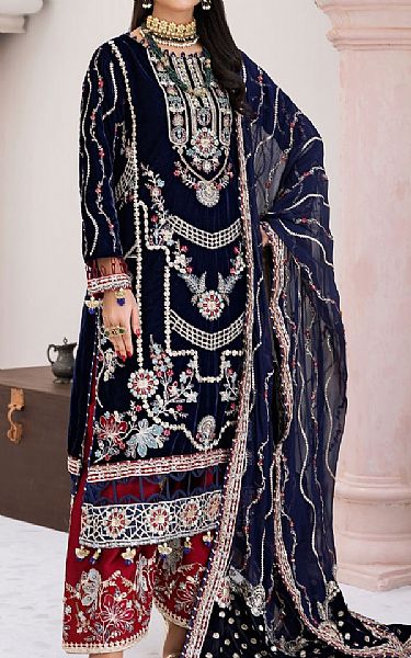 Zebtan Navy/Red Velvet Suit | Pakistani Winter Dresses in USA- Image 1
