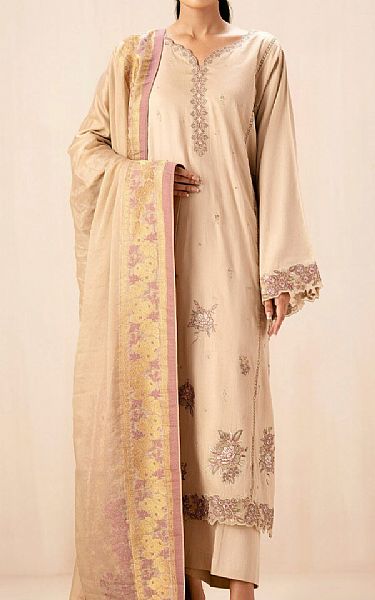 Zeen Beige Cotton Satin Suit | Pakistani Lawn Dress in USA- Image 1