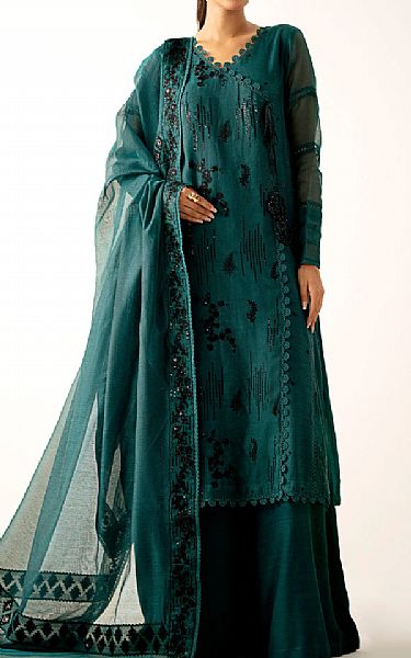 Zeen Teal Green Khaddi Net Suit | Pakistani Winter Dresses in USA- Image 1