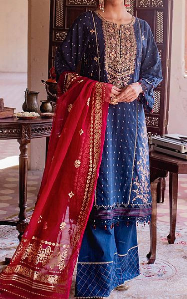 Zeen Navy Blue Jacquard Suit | Pakistani Dresses in USA- Image 1