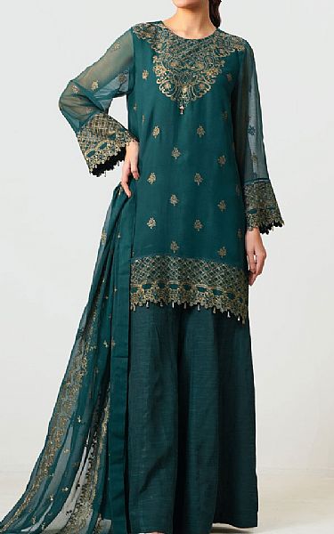 Zeen Bottle Green Net Suit | Pakistani Embroidered Chiffon Dresses USA- Image 1