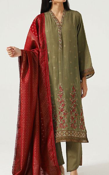 Zeen Asparagus Green Jacquard Suit | Pakistani Winter Dresses- Image 1