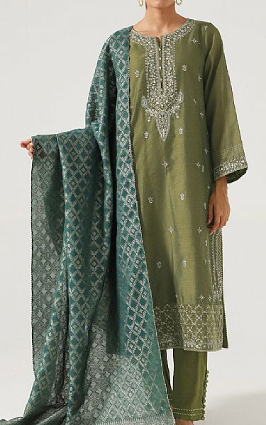 Zeen Reseda Green Cotton Net Suit | Pakistani Winter Dresses- Image 1