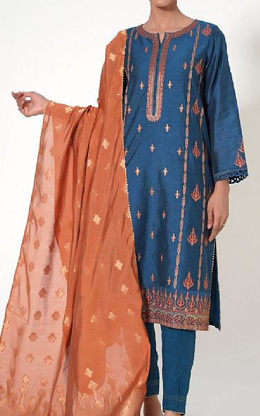Zeen Denim Blue/Coral Khaadi Net Suit | Pakistani Winter Dresses- Image 1