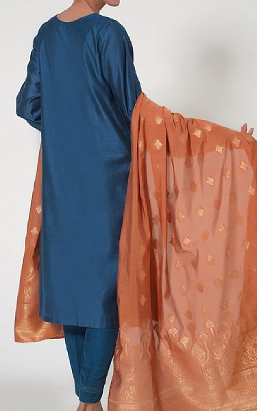 Zeen Denim Blue/Coral Khaadi Net Suit | Pakistani Winter Dresses- Image 2