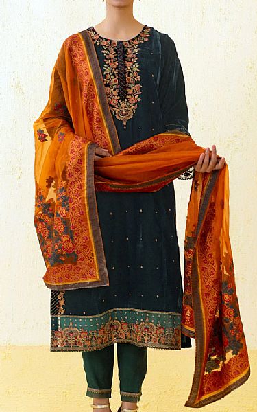 Zeen Dark/Orange Velvet Suit | Pakistani Winter Dresses- Image 1