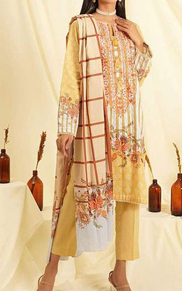 Zellbury Sand Gold Cambric Suit | Pakistani Winter Dresses- Image 1