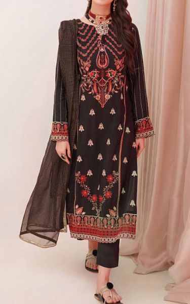 Zellbury Black Raw Silk Suit | Pakistani Embroidered Chiffon Dresses- Image 1