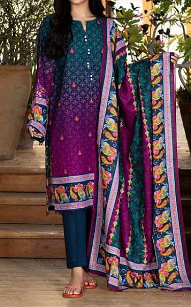Zellbury Teal/Violet Khaddar Suit | Pakistani Winter Dresses- Image 1