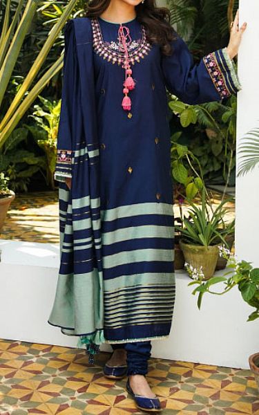 Zellbury Dark Blue Yarn Dyed Yarn Suit | Pakistani Winter Dresses- Image 1