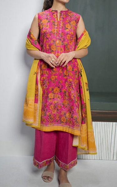 Zellbury Pink/Yellow Khaddar Suit | Pakistani Winter Dresses- Image 1