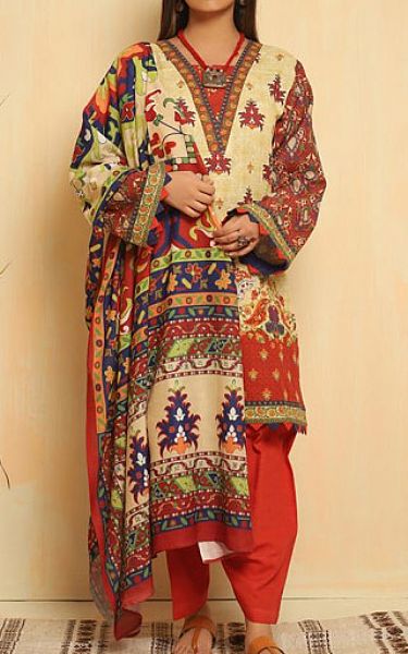 Zellbury Ivory/Rust Khaddar Suit | Pakistani Winter Dresses- Image 1