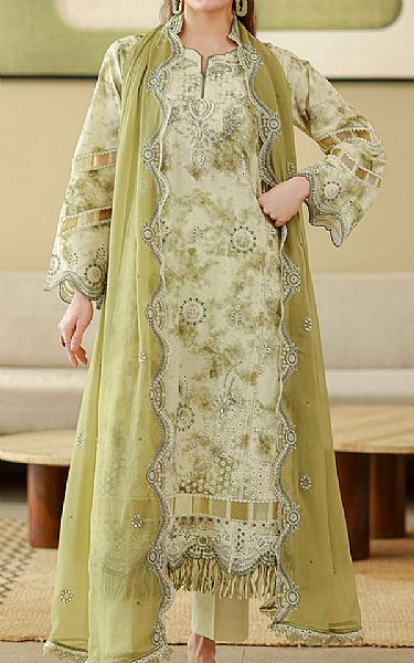 Zellbury Off White/Pale Olive Cotton Suit | Pakistani Lawn Dress in USA- Image 1