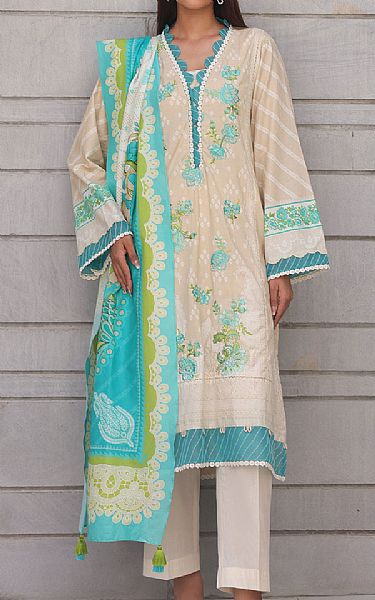 Zellbury Ivory/Turquoise Cambric Suit (2 Pcs) | Pakistani Winter Dresses in USA- Image 1