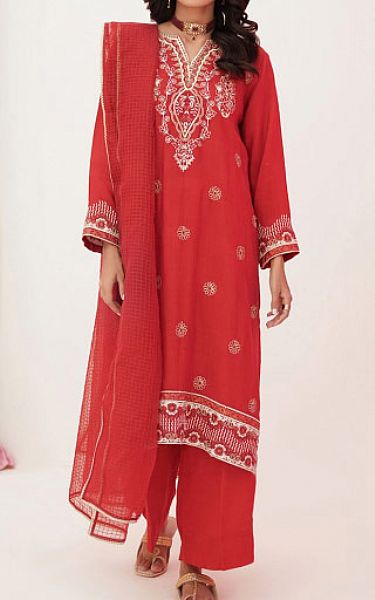 Zellbury Red Raw Silk Suit | Pakistani Embroidered Chiffon Dresses- Image 1
