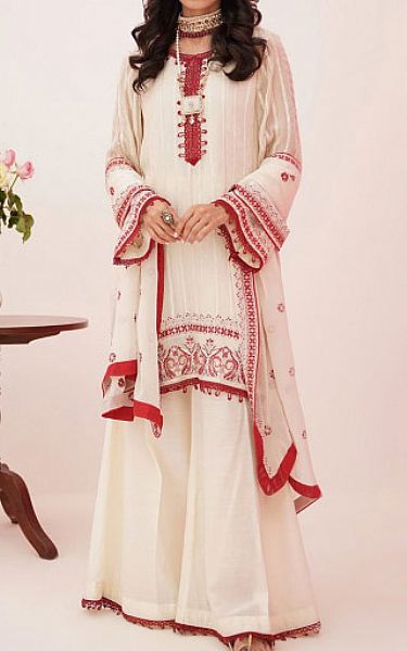Zellbury Off-white Net Suit | Pakistani Embroidered Chiffon Dresses- Image 1