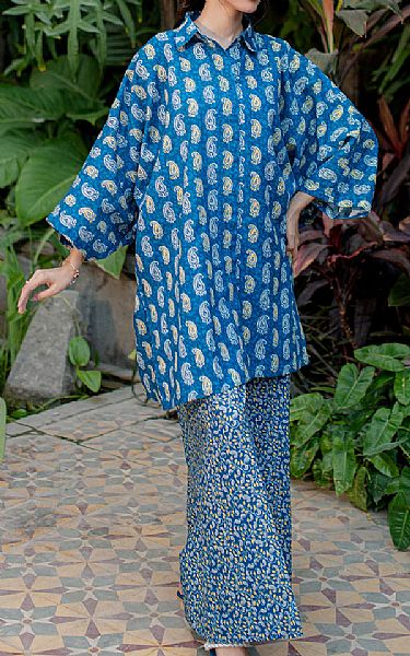 Zellbury Denim Blue Khaddar Suit (2 Pcs) | Pakistani Winter Dresses in USA- Image 1