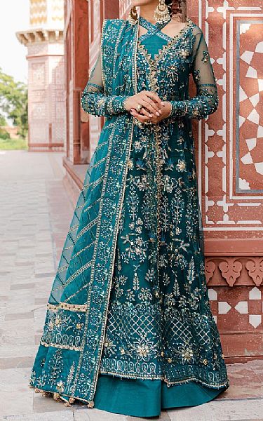 Zoya Fatima Teal Net Suit | Pakistani Embroidered Chiffon Dresses- Image 1