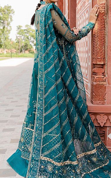 Zoya Fatima Teal Net Suit | Pakistani Embroidered Chiffon Dresses- Image 2