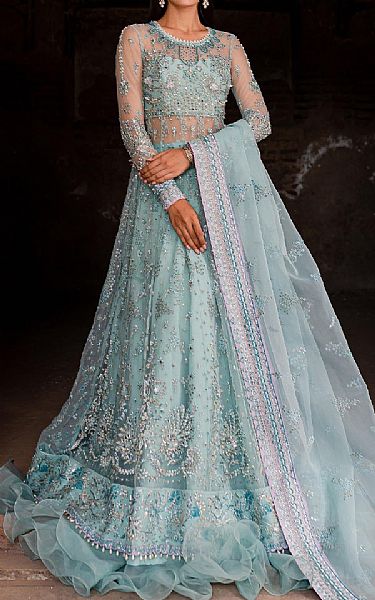 Zoya Fatima Baby Blue Net Suit | Pakistani Embroidered Chiffon Dresses- Image 1