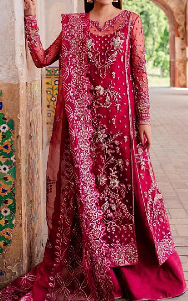 Zoya Fatima Crimson Net Suit | Pakistani Embroidered Chiffon Dresses- Image 1