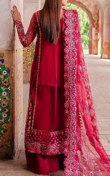 Zoya Fatima Crimson Net Suit | Pakistani Embroidered Chiffon Dresses- Image 2
