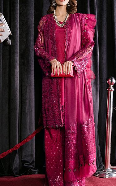 Afrozeh Magenta Organza Suit | Pakistani Embroidered Chiffon Dresses- Image 1