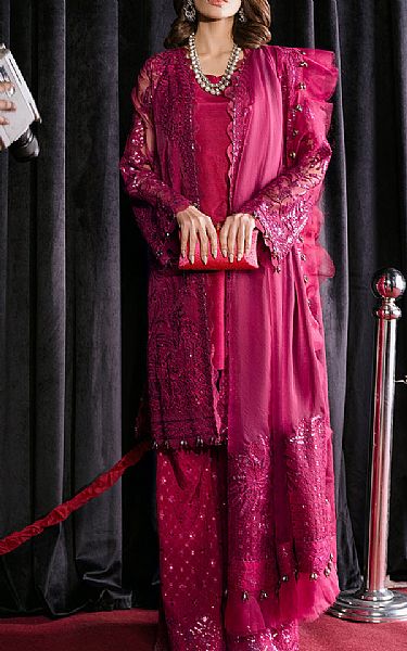 Afrozeh Magenta Organza Suit | Pakistani Embroidered Chiffon Dresses USA- Image 1
