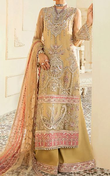 Akbar Aslam Sand Gold Organza Suit | Pakistani Dresses in USA- Image 1