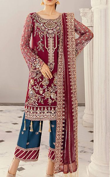 Akbar Aslam Crimson Net Suit | Pakistani Embroidered Chiffon Dresses- Image 1