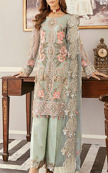 Akbar Aslam Baby Blue Net Suit | Pakistani Embroidered Chiffon Dresses- Image 1
