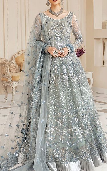 Akbar Aslam Grey Net Suit | Pakistani Embroidered Chiffon Dresses- Image 1