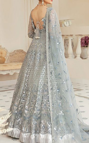 Akbar Aslam Grey Net Suit | Pakistani Embroidered Chiffon Dresses- Image 2