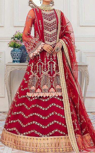 Akbar Aslam Crimson Net Suit | Pakistani Embroidered Chiffon Dresses- Image 1