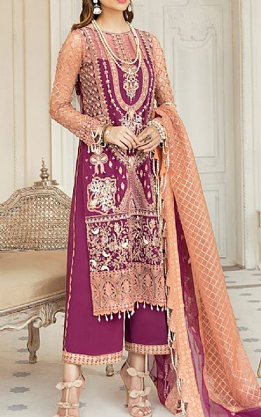 Akbar Aslam Plum Net Suit | Pakistani Embroidered Chiffon Dresses- Image 1